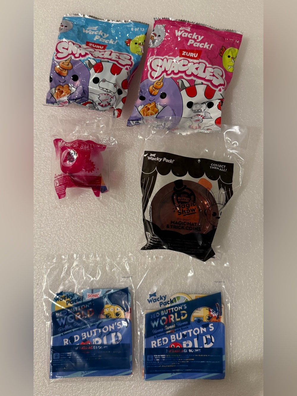 Lot of Six Sonic Wacky Pack Toys Magic 8 Ball Magic Show Snackles NEW